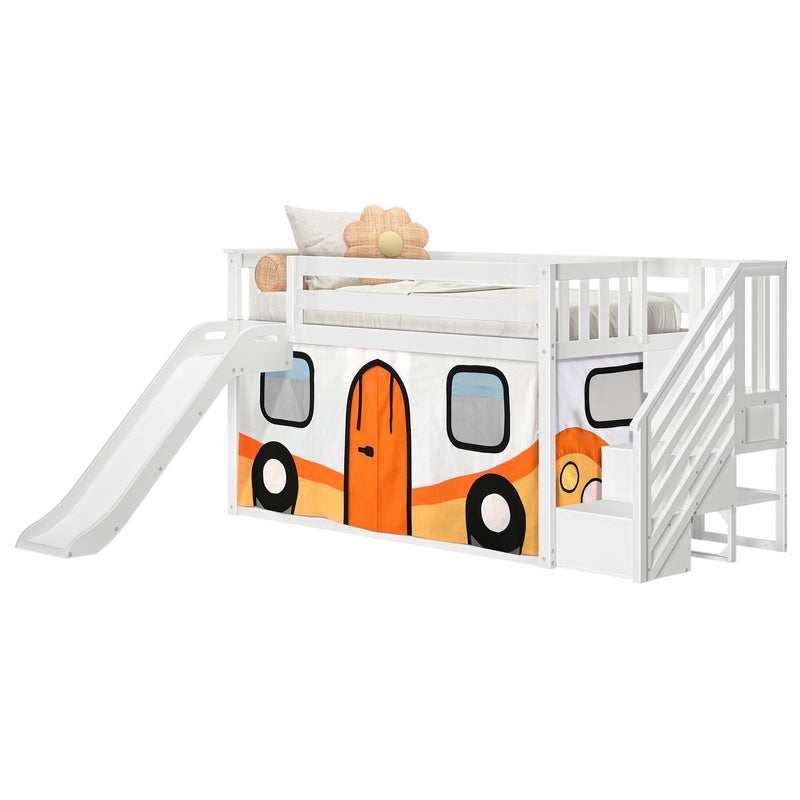 White kids loft bed with slide and stairs, orange camper-style play-tent curtain and top bunk with pillows