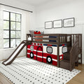 Dark wood kids loft bed with slide and storage stairs, fire truck-themed play panels and twin mattress in modern children's bedroom