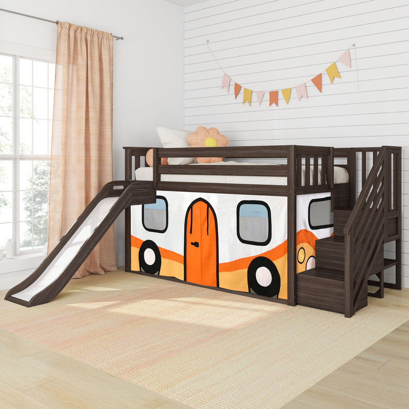 Children's dark wood loft bed with slide and orange camper playhouse curtain under-bed, pastel pennant bunting on white shiplap wall, peach curtains and cozy pillows