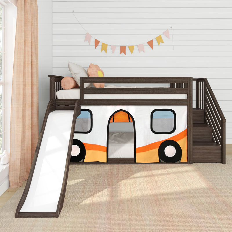 Dark wood loft bunk bed with slide and orange camper-style play tent, peach curtains, flower cushion and colorful pennant garland on white shiplap nursery wall