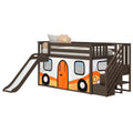 Twin Over Twin Low Bunk Bed with Stairs, Slide, & Camper Van Curtain