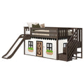 Dark espresso wooden kids loft bed with slide and staircase storage, under-bed playhouse tent with windows and planter boxes, modern farmhouse style children's bedroom furniture