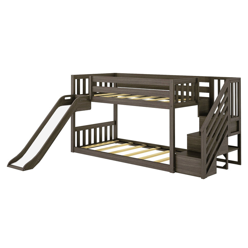 Gray wooden twin-over-twin children's bunk bed with slide and storage stairs, modern space-saving design