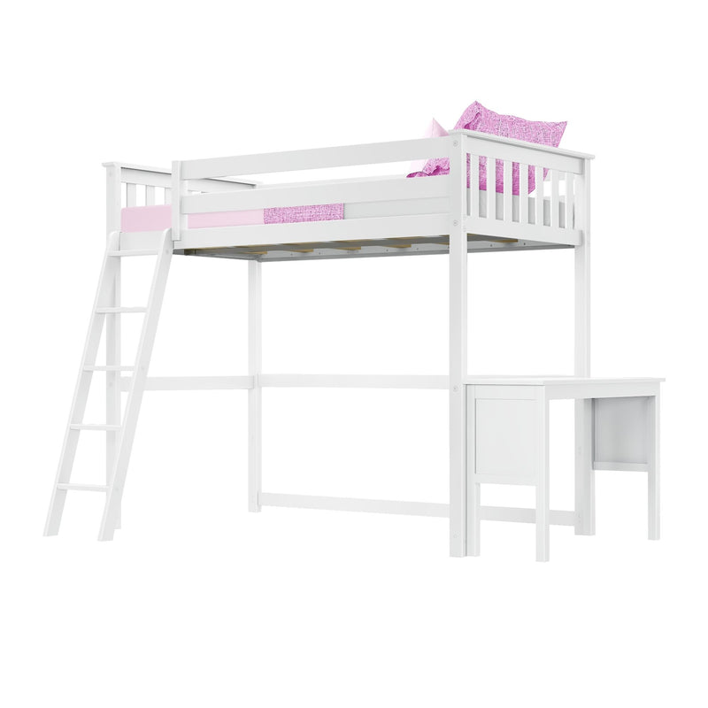 White loft bed with ladder and built-in desk, modern twin wooden loft bed with guard rails and pink bedding for kids' bedroom
