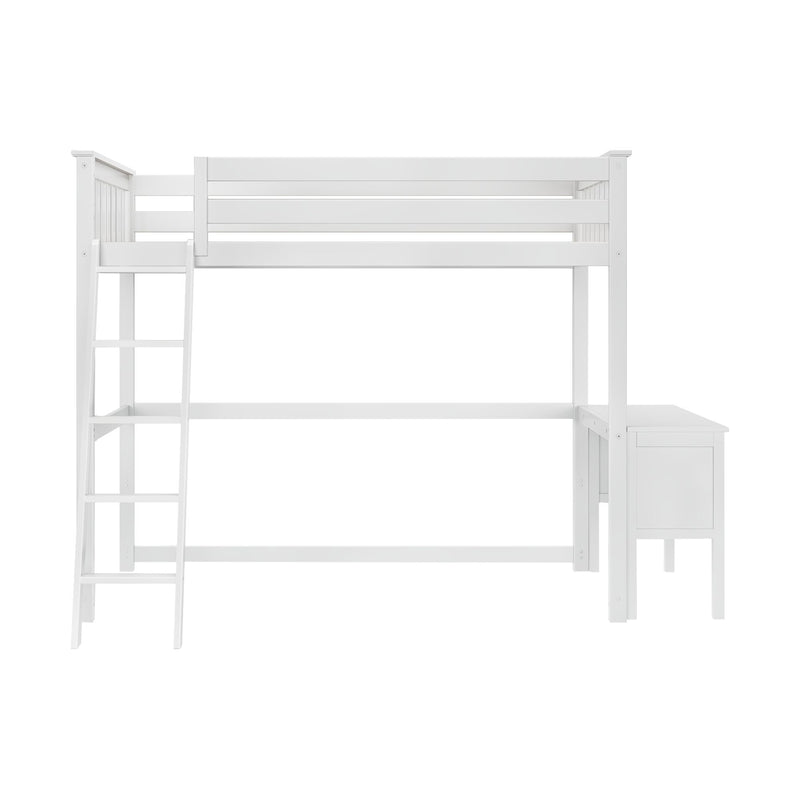 White wooden loft bed with ladder, built-in desk and storage cabinet — space-saving twin loft for kids, teens, or dorm rooms