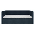 Modern navy upholstered daybed with high wingback headboard and fabric platform base with white mattress