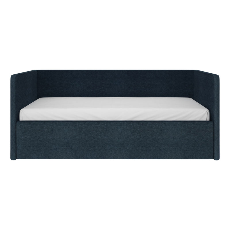 Modern navy upholstered daybed with high wingback headboard and fabric platform base with white mattress