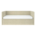 Beige upholstered fabric daybed with high wingback headboard and low footboard, modern minimalist platform bed with white mattress on white background