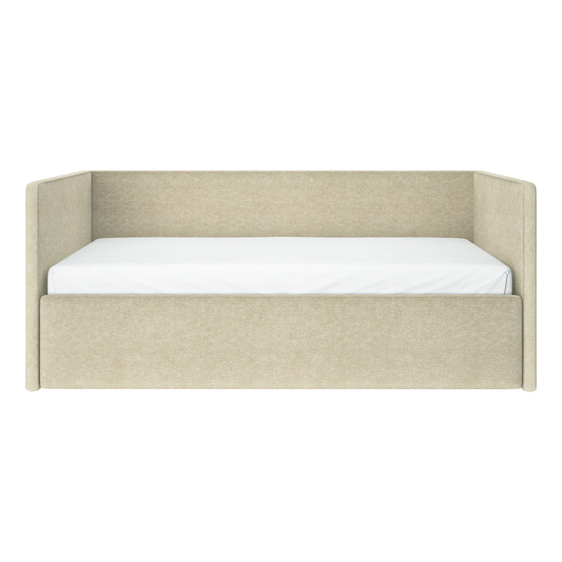 Beige upholstered fabric daybed with high wingback headboard and low footboard, modern minimalist platform bed with white mattress on white background