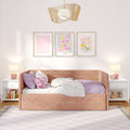 Cozy pink girls' bedroom interior with peach upholstered daybed, butterfly throw pillow, lilac bedding, framed floral wall art, woven rattan pendant light and matching bedside lamps, stylish kids' room decor