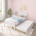 Girls' bedroom with pink scallop wallpaper, white trundle bed, pastel bedding and pillows, blue throw, rainbow wall art, bedside lamp and potted plant