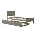 Gray wood twin platform bed frame with rectangular headboard, slatted support and pull-out trundle drawer