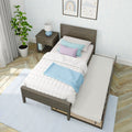 Twin bed with pull-out trundle and wooden headboard, nightstand with blue lamp, pastel bedding, potted plant.