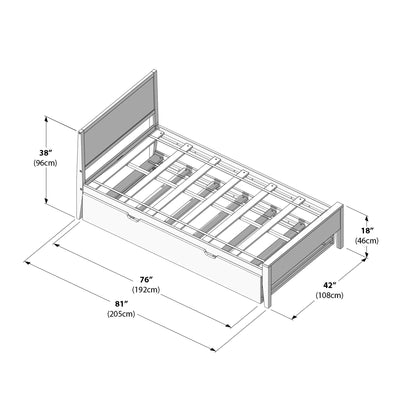 Assembly diagram of a wooden bed frame with headboard, slatted platform and under-bed storage drawer, labeled dimensions 81 in × 42 in × 38 in (205 × 108 × 96 cm) and 18 in (46 cm) footboard height.