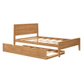 Solid wood platform bed frame with headboard and pull-out under-bed storage drawer, slatted base and natural oak finish