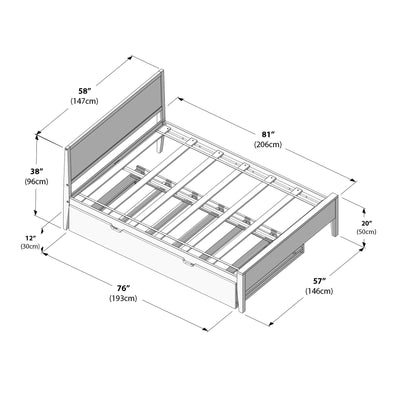 Isometric diagram of a wooden platform bed frame with slatted mattress support, headboard and under‑bed storage drawers, annotated with dimensional measurements in inches and centimeters.