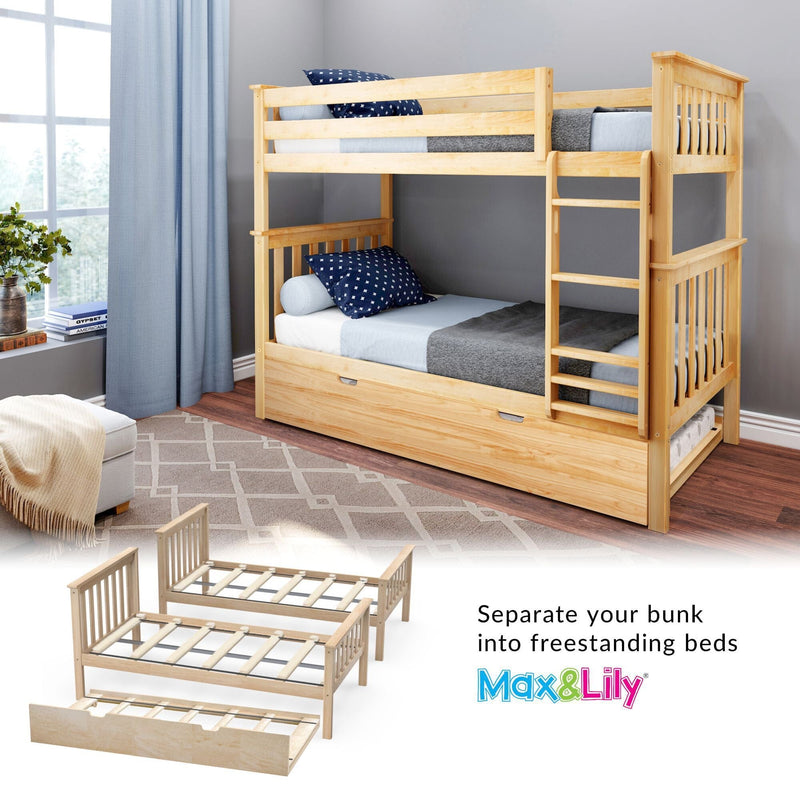Solid natural wood twin-over-full bunk bed with ladder and under-bed storage drawer, blue bedding in modern kids' bedroom