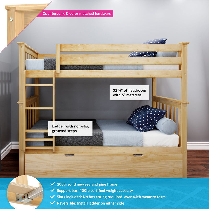 Natural New Zealand pine twin-over-twin bunk bed with ladder and guardrails, non-slip grooved steps, under-bed storage drawer, slats included, solid wood loft bed in natural finish