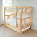 Natural pine twin-over-twin bunk bed with ladder and pull-out trundle, white mattresses and sheer curtains in a bright minimalist kids bedroom