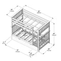Wooden twin-over-full bunk bed dimensions diagram with trundle and ladder, isometric assembly drawing labeled 82″×43″×65″ (208×110×165 cm)