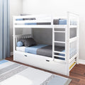 White wooden bunk bed with ladder and trundle drawer in modern kids' bedroom with blue-and-gray bedding, hardwood floors and light gray walls