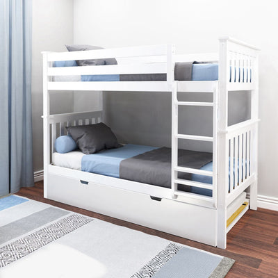 White wooden bunk bed with ladder and trundle drawer in modern kids' bedroom with blue-and-gray bedding, hardwood floors and light gray walls