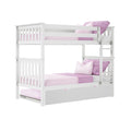 White wooden twin-over-twin bunk bed with ladder and pull-out trundle, pink bedding and pillows, modern space-saving kids bedroom furniture