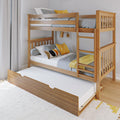 Solid wood bunk bed with pull-out trundle and ladder, styled with grey knit blankets and yellow accent pillows in a modern, space-saving kids' bedroom