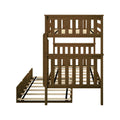Brown solid wood twin-over-twin bunk bed frame with slatted mattress supports, vertical slat headboards and guardrails on white background