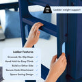 Child's hands gripping a blue wooden bunk bed ladder with grooved no‑slip steps, handhold and 200 lb weight capacity for safe, space‑saving climbing