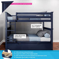Kids navy blue solid New Zealand pine bunk bed with ladder, guardrails, non-slip grooved steps, under-bed storage drawer and 400 lb support bar