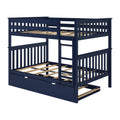 Space-saving navy blue wooden twin-over-full bunk bed with ladder, safety rails, slatted mattress supports and under-bed storage drawer