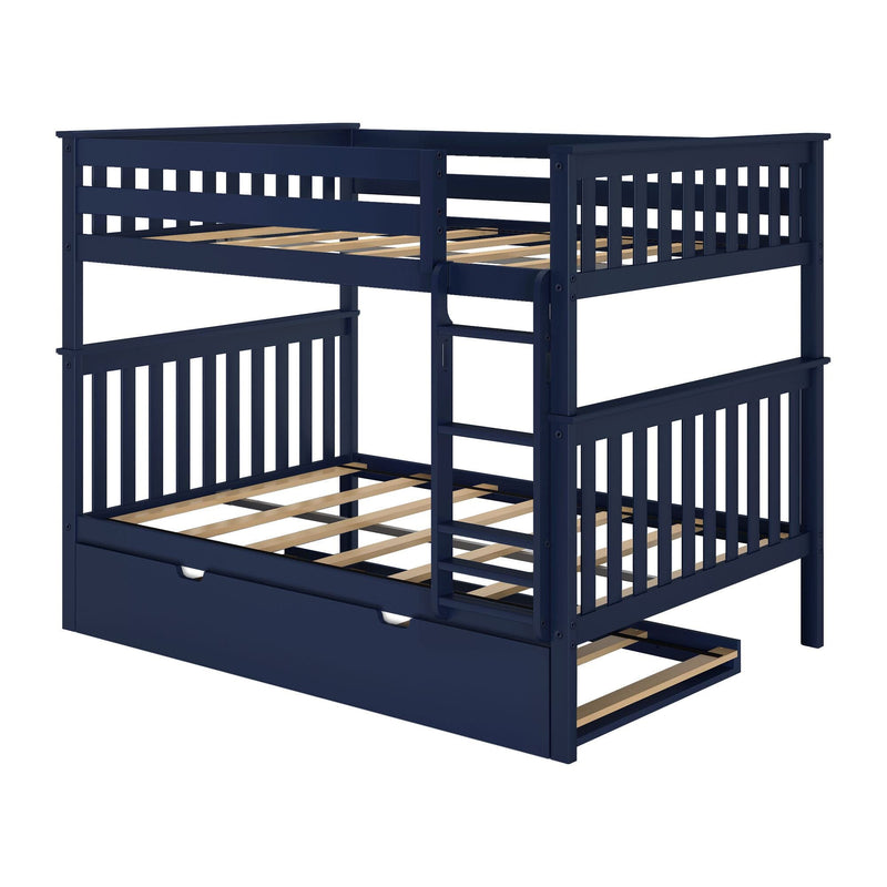 Space-saving navy blue wooden twin-over-full bunk bed with ladder, safety rails, slatted mattress supports and under-bed storage drawer
