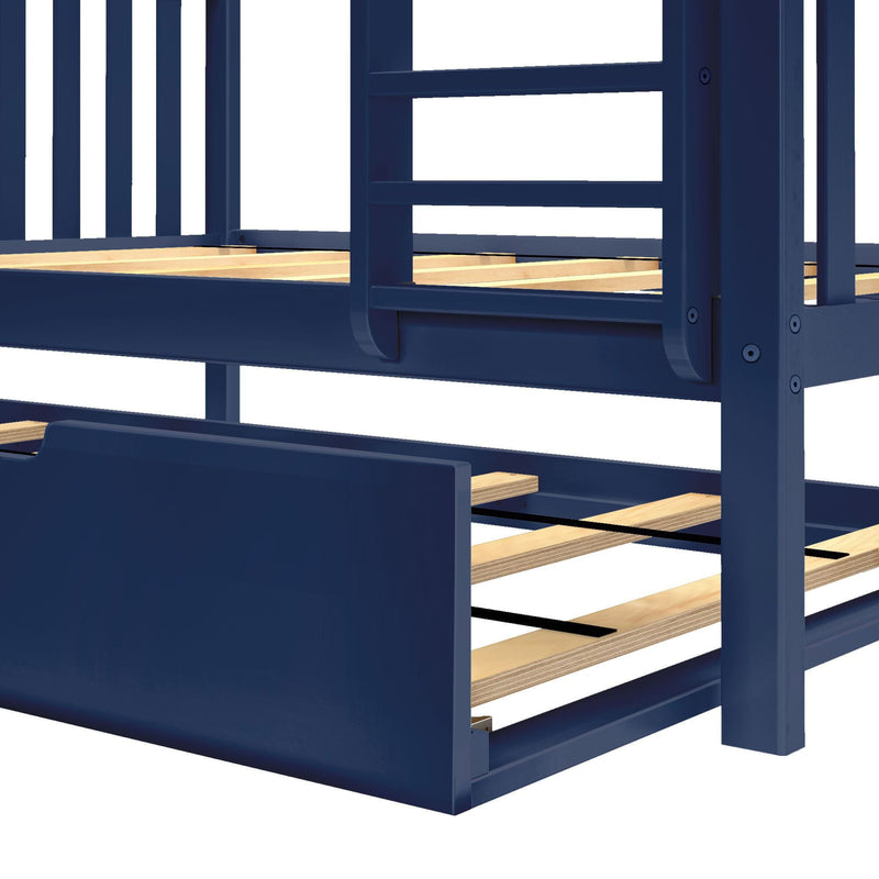 Close-up of navy blue bunk bed frame showing ladder, guardrail and wooden mattress slats