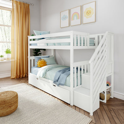 White wooden twin-over-twin bunk bed with built-in stairs and storage in a bright kids' bedroom with teal striped bedding, smiling sun plush, pastel rainbow and sun wall art, mustard curtains and natural light