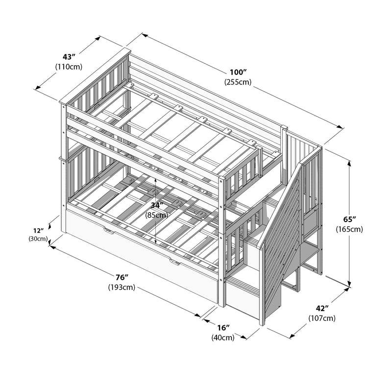 Wooden bunk bed dimensions diagram and assembly isometric showing frame with staircase and under-bed drawer, labeled measurements in inches and centimeters including 100" (255 cm), 76" (193 cm), 65" (165 cm), 43" (110 cm), 42" (107 cm), 34" (85 cm) and 16" (40 cm).
