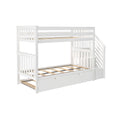White wooden loft bunk bed with built-in staircase, pull-out storage trundle, slatted guardrails and wooden mattress slats for kids' room