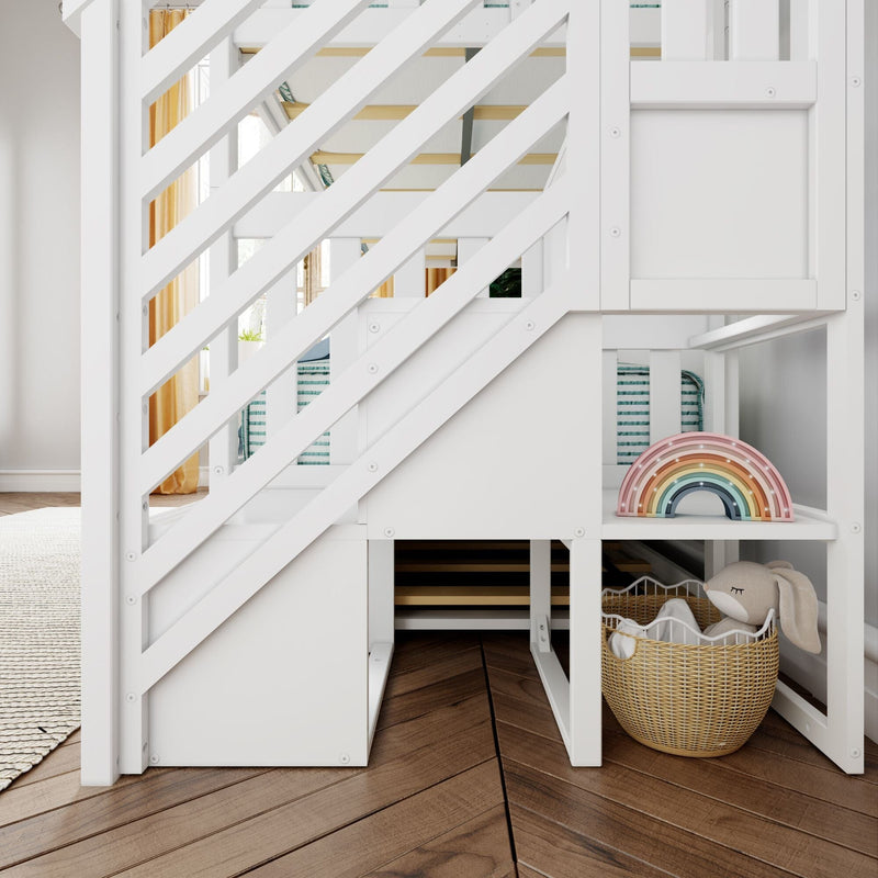 White wooden bunk bed with diagonal railing, striped kids bedding, wicker storage basket holding a plush bunny and pastel wooden rainbow toy