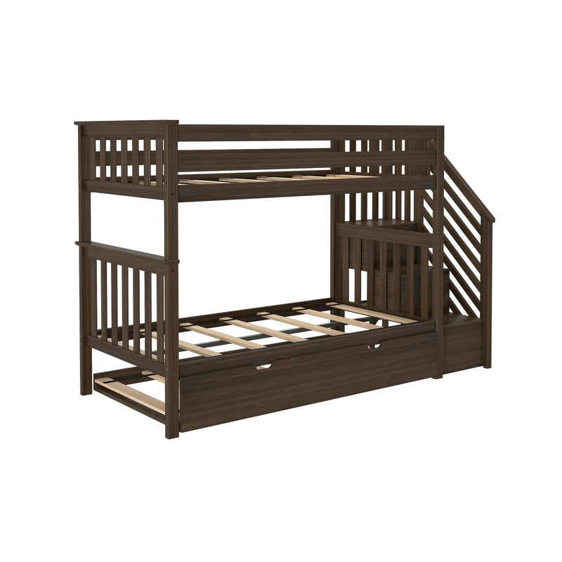 Dark brown wooden loft bunk bed with stairs and pull-out trundle drawer, slatted guardrails and space-saving storage for kids' bedroom