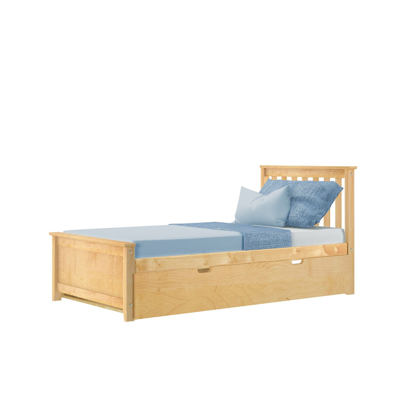 Solid wood twin bed with under-bed storage drawer and light blue sheets, pillows and throw in natural finish