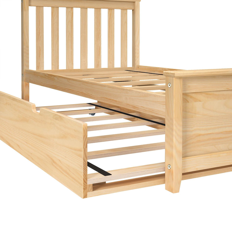 Natural pine wood platform bed frame with vertical slatted headboard and pull-out trundle on slatted base, light unfinished wood grain