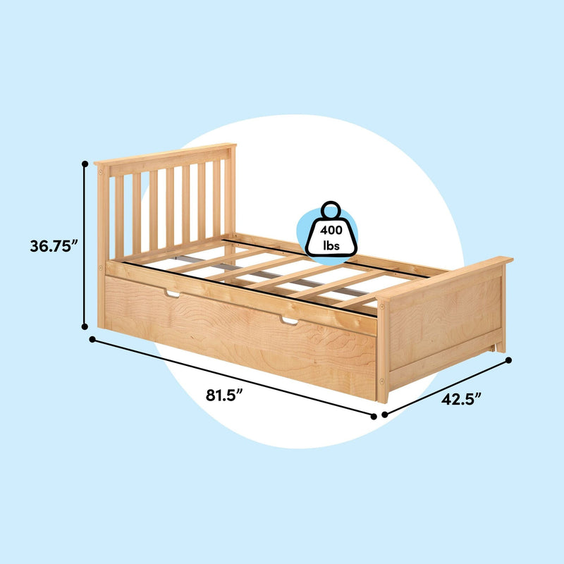 Solid wood twin platform bed frame with under-bed storage drawer and slatted support, natural finish, dimensions 81.5" L x 42.5" W x 36.75" H, 400 lb weight capacity