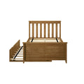 Oak-finish wooden bed frame with vertical slatted headboard, platform slats and rustic-style footboard, modern bedroom furniture