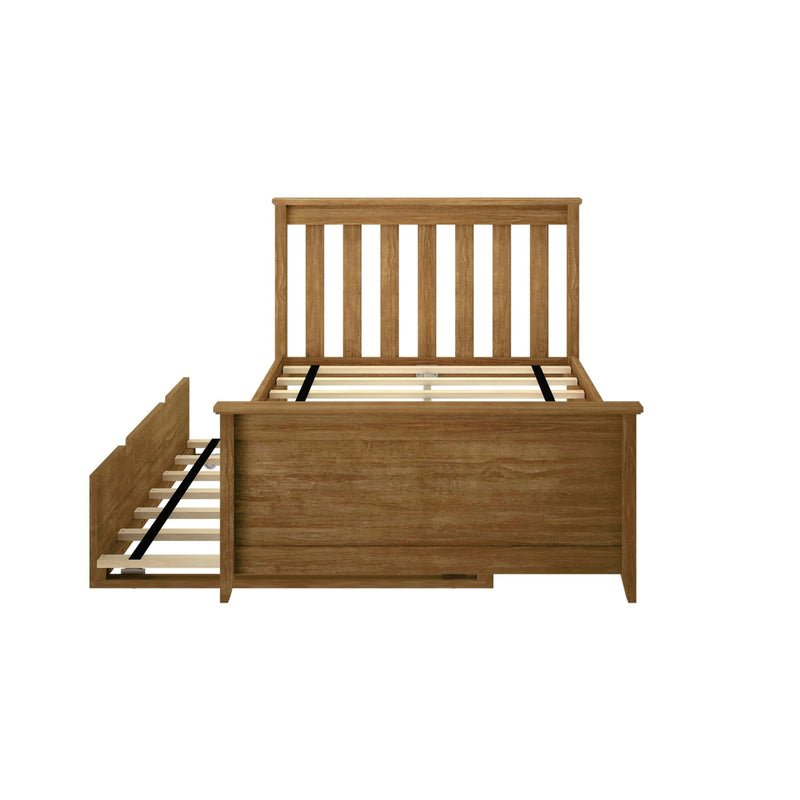 Oak-finish wooden bed frame with vertical slatted headboard, platform slats and rustic-style footboard, modern bedroom furniture