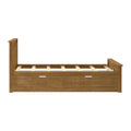 Twin wooden platform bed frame with slatted base and built-in storage drawers in natural oak finish