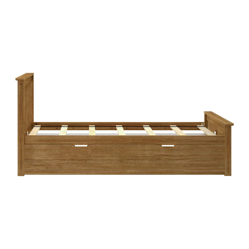 Twin wooden platform bed frame with slatted base and built-in storage drawers in natural oak finish