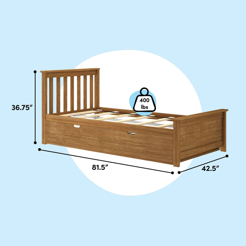 Wood-finish platform bed frame with slatted headboard and built-in underbed storage drawer, shown with dimensions 81.5 in L x 42.5 in W x 36.75 in H and 400 lb weight capacity