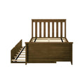 Brown oak platform bed frame with vertical slatted headboard and footboard, exposed wooden mattress slats and center support straps