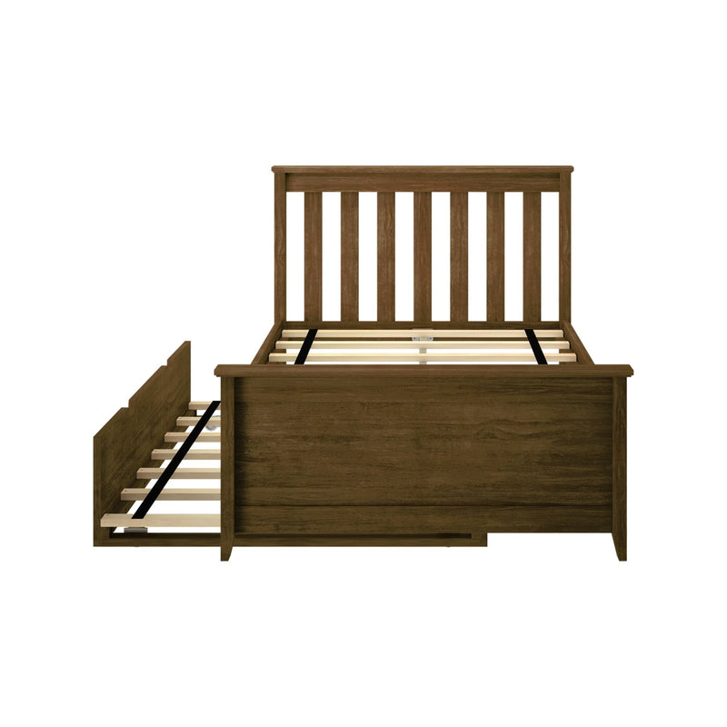 Brown oak platform bed frame with vertical slatted headboard and footboard, exposed wooden mattress slats and center support straps
