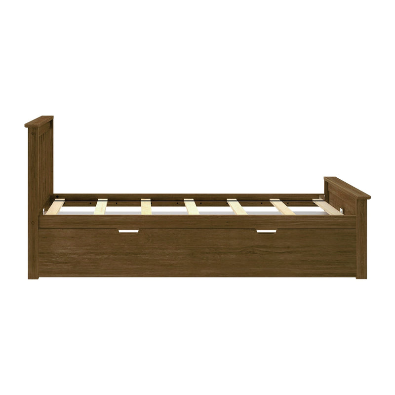 Rustic brown solid wood twin platform bed frame with slatted base and built-in underbed storage drawers